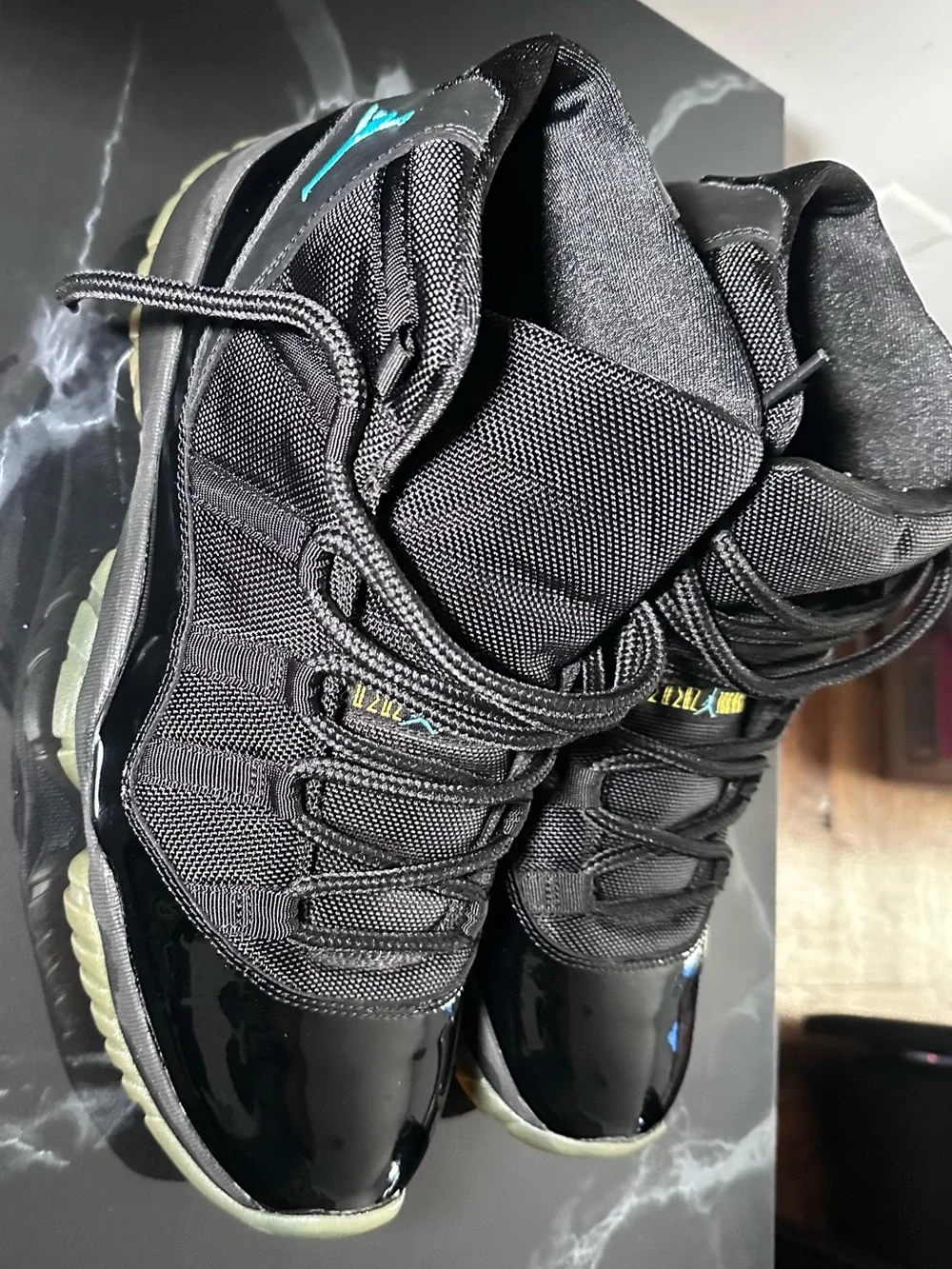 Jordan Kids Black with Green-Tinted Sole Retro Sneakers